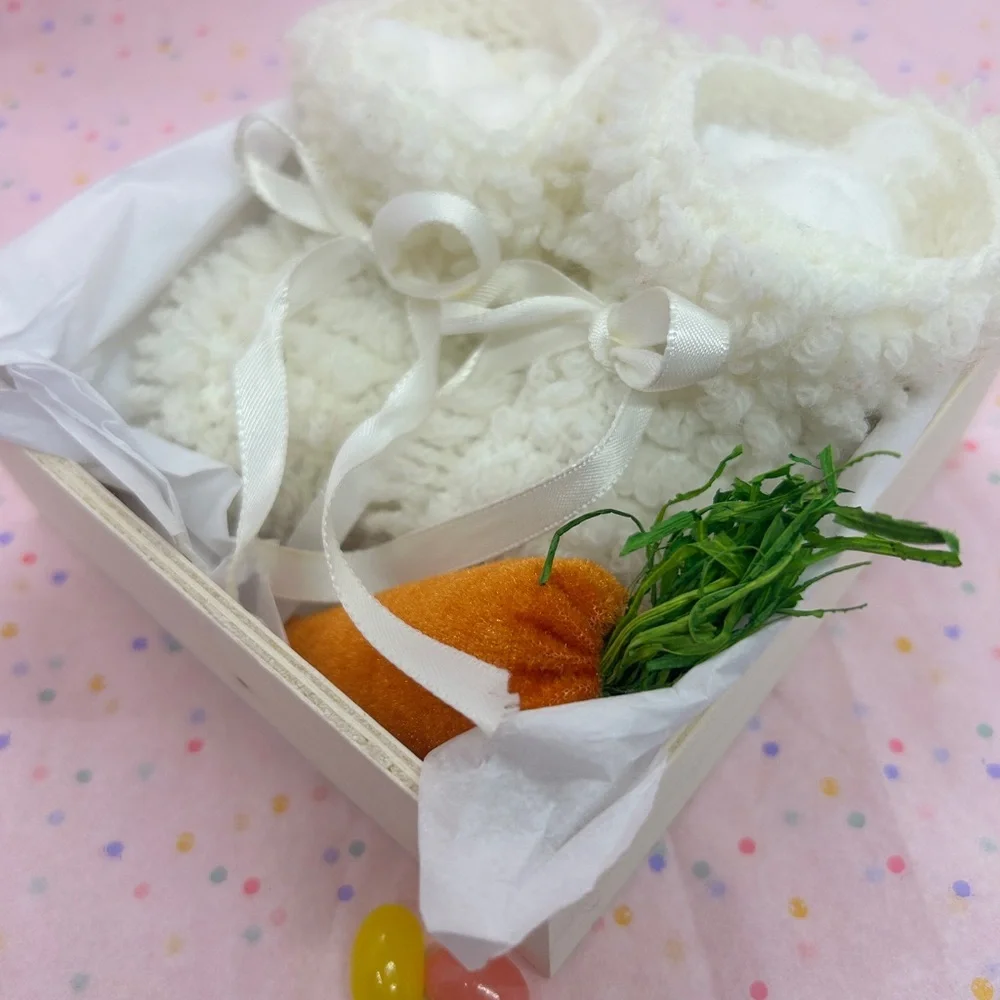 Baby’s First Easter Gift Set – Handmade Booties /Keepsake Box w/ Plush Carrot
